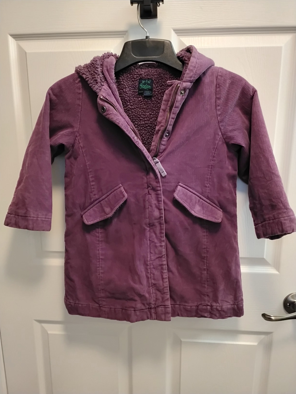Mini Boden Girls Purple Corduroy Hooded Coat Size 5-6 Yrs